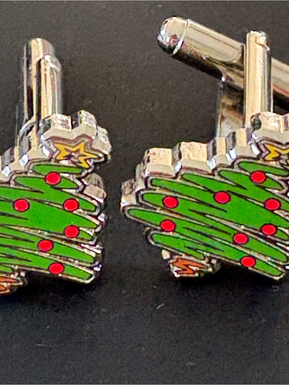 Green and Silver Christmas Tree Cuff Links with Red Accents